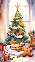 Watercolor illustration of a decorated Christmas tree with gifts and cookies