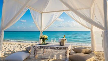 Naklejka premium Romantic beachside setup with champagne and flowers in elegant white canopy