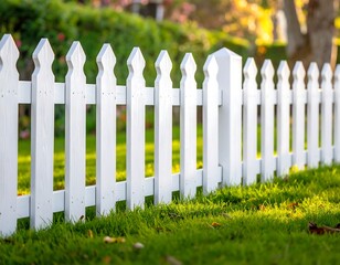 White picket fence in a green lawn on a sunny, pleasant day