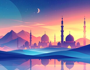 Serene mosque illustration at dusk with crescent moon, stars, and mountains in the background