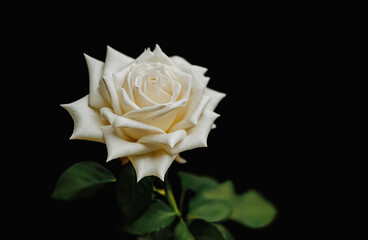 A single white rose blooms gracefully against a deep black background, radiating purity and elegance.