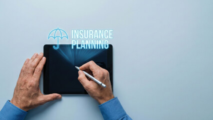 Financial high level planning concept insurance planning tablet stylus elderly hand technology blue background
