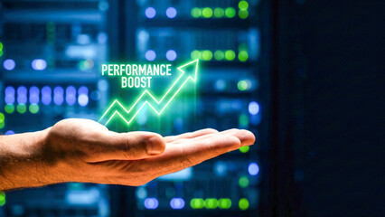 Financial high level planning concept performance boost green arrow hologram over open hand in data center technology background