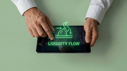 Financial liquidity flow high level planning concept on digital tablet screen with glowing neon icon and male hand gesture focus
