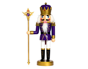 Wooden figurine of a royal soldier nutcracker in purple and gold, holding a scepter