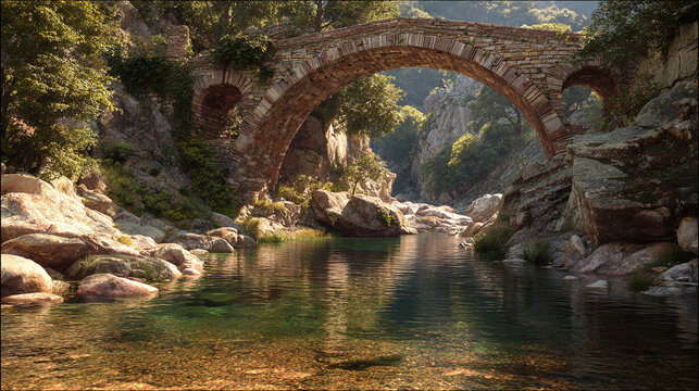 An old stone bridge gracefully arches over a serene river, surrounded by lush vegetation and rocky terrain. The bridge's reflection shimmers on the water's surface, creating a tranquil scene