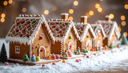 Festive row of gingerbread houses, decorated with frosting, candy, and a snowy landscape