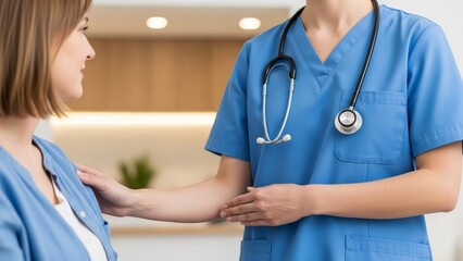 Healthcare professional assisting patient in a hospital setting