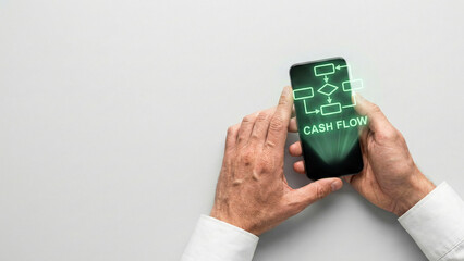 Financial high level planning concept cash flow chart glow on mobile phone screen in male hand investment strategy idea