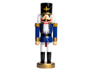 Tall, wooden figurine in a blue and gold uniform, soldier-like, set against a black background