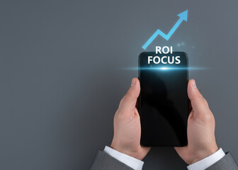 Financial high level planning concept focus on roi growth strategy blue arrow smartphone digital business success idea