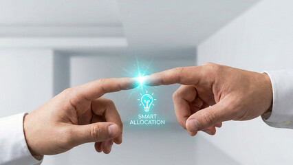 Financial high level planning concept touch finger connection technology glow lightbulb idea smart allocation future strategy