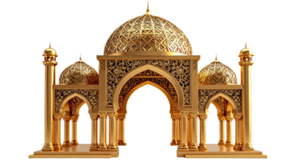 3D Render of Golden Ornate Islamic Arch and Mosque Window with Intricate Arabic Patterns Isolated on Transparent Background