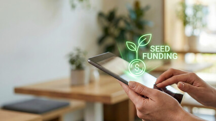 Financial high level planning concept seed funding growth on digital tablet in modern cafe workspace
