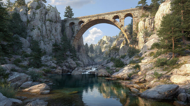 A historic stone bridge gracefully arches over a serene river, nestled amidst towering cliffs