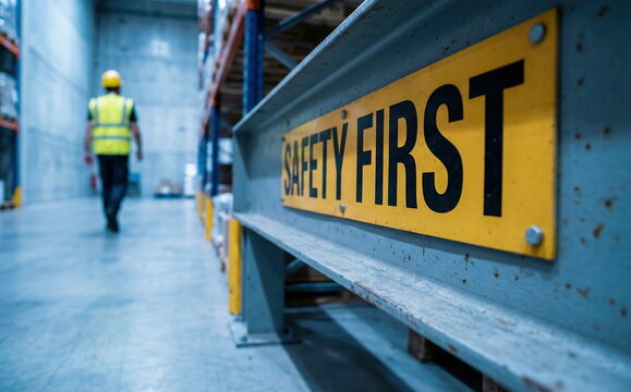 A "Safety First" sign prominently displayed in an industrial warehouse, with a worker in PPE walking, emphasizing workplace safety.