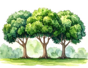 Watercolor painting of three trees with verdant crowns, lush scenery