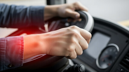 Wrist pain while driving: close-up of man's hands on steering wheel with red highlight indicating discomfort
