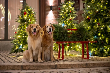 Two golden retrievers sat beside the Christmas tree.