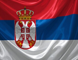 Waving national flag with crest, in red, blue, and white