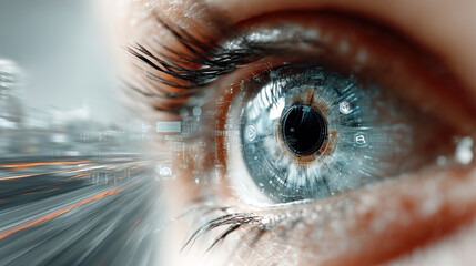 Futuristic Eye Close-Up with Digital Overlay and Blurred Cityscape Background