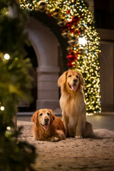 Two golden retrievers in a Christmas-decorated setting
