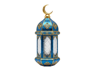 blue ornate islamic lantern with crescent moon ramadan decor