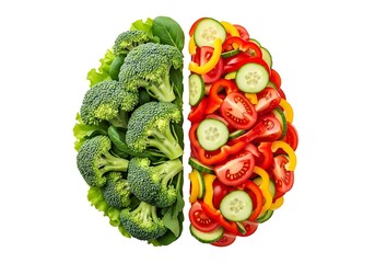 Brain made of broccoli and colorful sliced vegetables on white background healthy eating concept with food