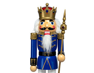 A wooden nutcracker king in a blue uniform with a gold crown, holding a staff