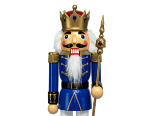 A wooden nutcracker king in a blue uniform with a gold crown, holding a staff