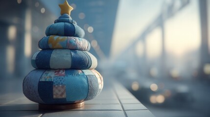 christmas day in eco friendly concept. Decorative patchwork Christmas tree with a star on top.