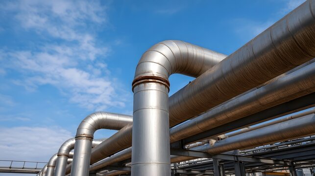 A large industrial pipeline system made of metal curving against a clear blue sky with scattered clouds