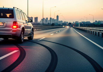Suv driving on empty city highway at sunrise leaving fresh tire marks on smooth asphalt road with distant urban skyline and glowing streetlights