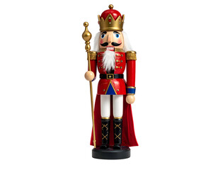Regal, standing wooden figure in bright red uniform and gold crown, holding scepter