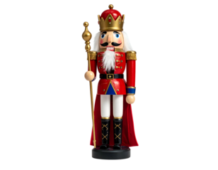 Regal, standing wooden figure in bright red uniform and gold crown, holding scepter