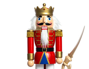 Colorful wooden figurine of a king, with crown, beard, and detailed red jacket