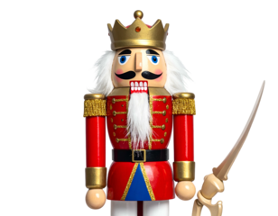 Colorful wooden figurine of a king, with crown, beard, and detailed red jacket