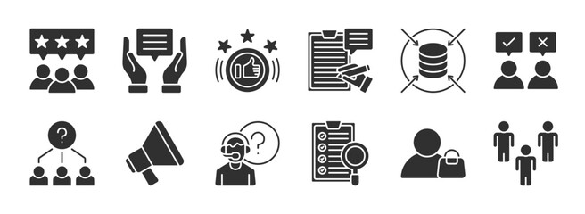 Survey glyph style editable icon set collection. Containing opinions, review, satisfaction, feedback, exam, poll, questionnaire, and more. Editable stroke. Vector illustration eps 10