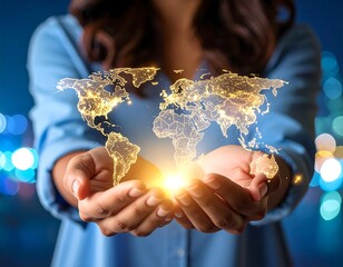 Woman cupping a glowing world map in her hands, holding future