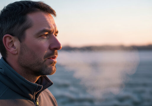 Quiet contemplative middle aged man standing outdoors on cold winter morning with visible breath in frosty air looking into distance during peaceful sunrise