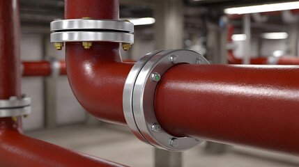Close up view of a red industrial pipe system with metallic flanges and bolted connections in a factory interior