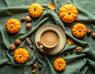 Overhead shot of pumpkins, coffee, nuts, and spices arranged on green linen
