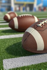 Obraz premium American Footballs Lined Up on a Vibrant Green Field with White Yard Lines, Ready for Play.