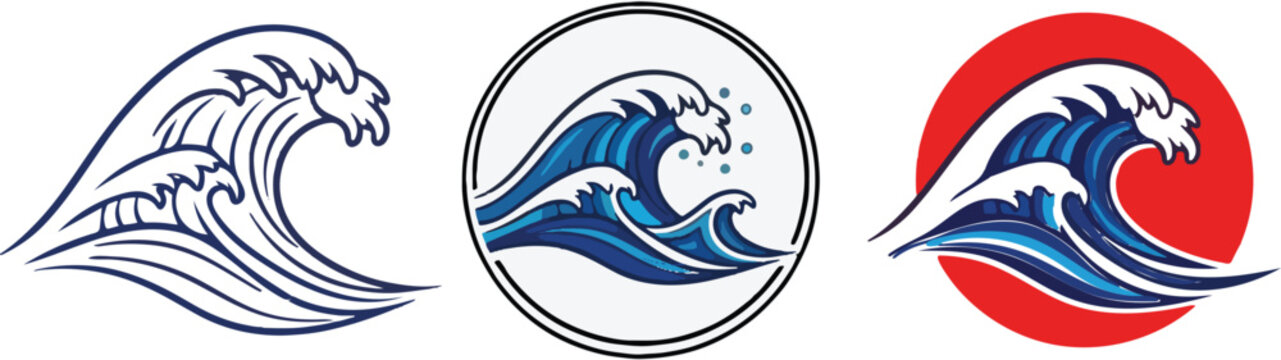 Three stylized wave logos in blue and red on transparent background