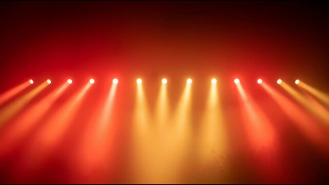 Stage Lights Illuminate Empty Concert Venue with Dramatic Red and Orange Hues.