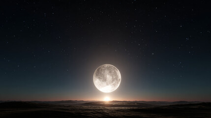 A bright full moon illuminating the night sky over a tranquil body of water. The moon's radiant glow creates a captivating, serene scene