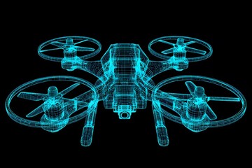 Bottom view wireframe model of a quadcopter drone in glowing blue lines.