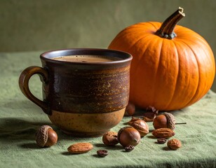 Rustic mug of coffee beside a pumpkin and scattered nuts on a textured green cloth