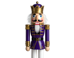 Detailed, regal nutcracker with purple coat, gold crown, and white hair, isolated