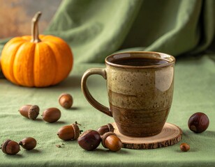 Autumnal scene a coffee mug sits on a coaster, surrounded by acorns and a pumpkin